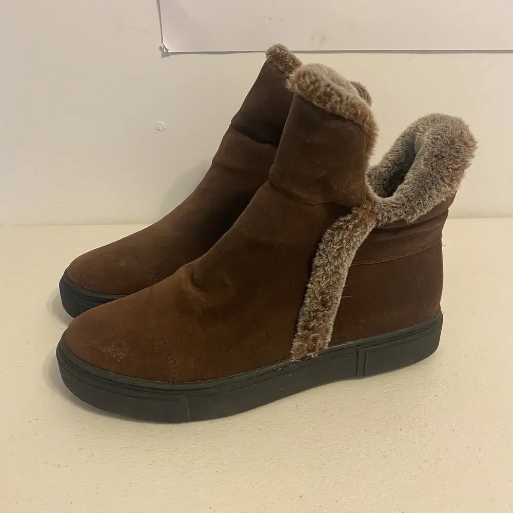 Naturalizer Brown Suede Women 8.5M Boots Shearling Ankle Soft Warm Side Zip